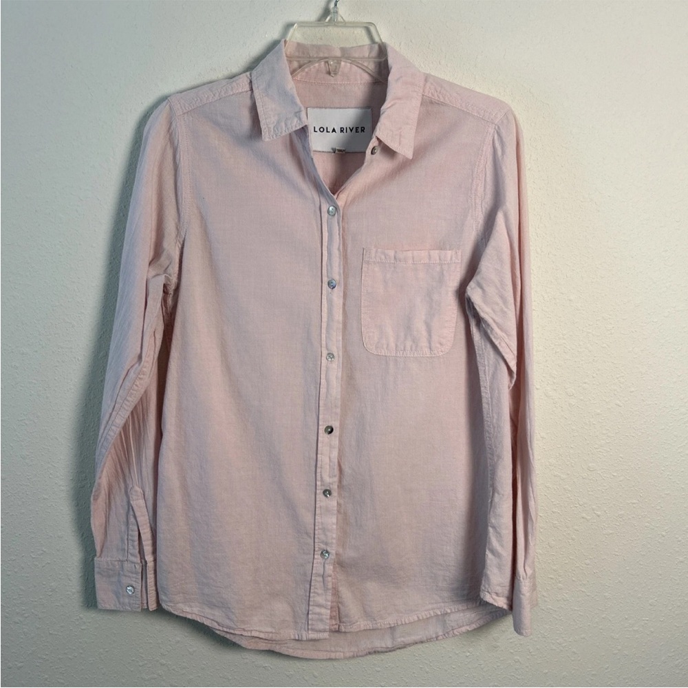 Lola River Women's Pink Size M Light Pink Cotton Button Down Top Long Sleeves